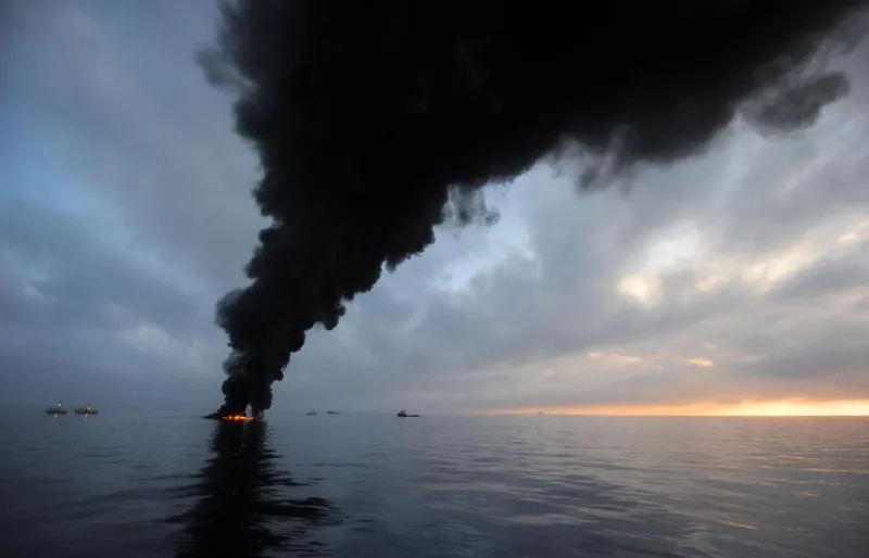 Oil burns during a controlled fire May 6, 2010 in the Gulf of Mexico.