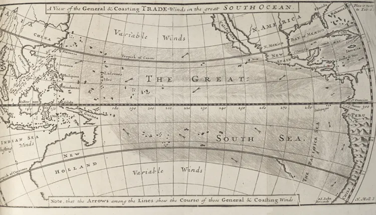The arrows show the direction of ocean currents recorded by William Dampier while crossing “La Grande Mer du Sud”—the Pacific Ocean.