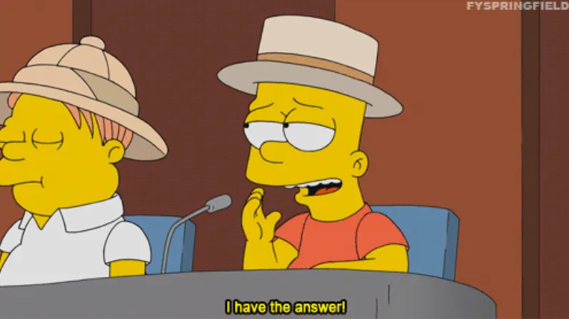 A screenshot of a GIF showing Bart Simpson exclaiming "I have the answer!"