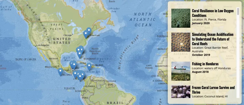 A screenshot of a map with links to stories on the side. 