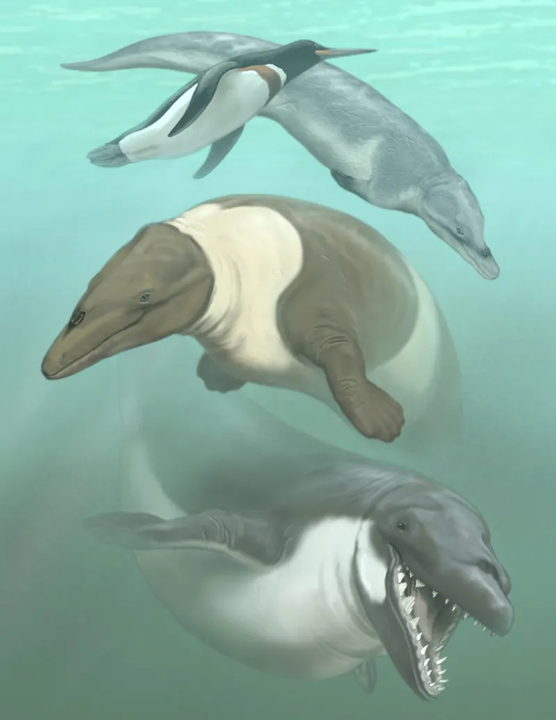 Offshore Peru, during the Eocene (~56-34 million years ago), showing two archaeocetes (ancient whales): Ocucajea picklingi and Supayacetus muizon.
