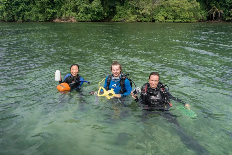 A team of Smithsonian scientists poses in the waters of Panama.