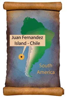 Map of South America highlighting Juan Fernandez Island off of the west coast, near Chile