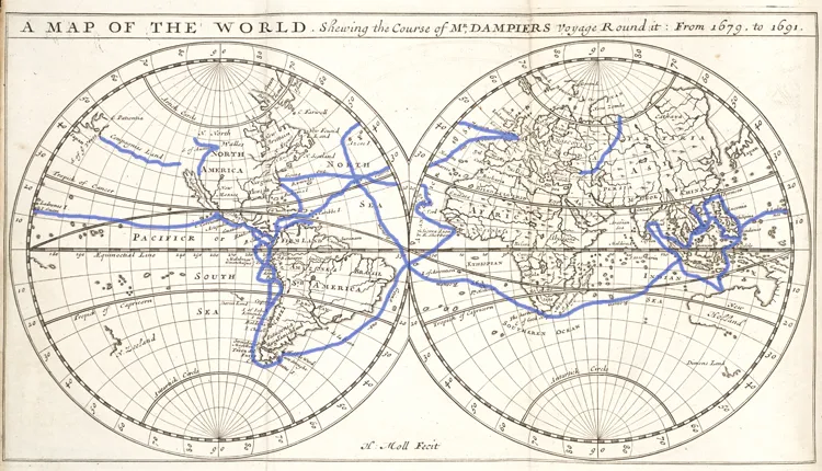 This map shows the route of Dampier’s first voyage around the world.
