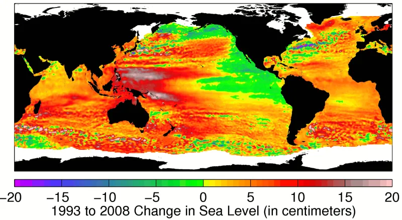 A map of sea level change in cm from 1993 to 2008.