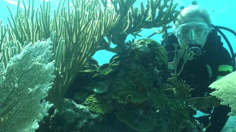 Diver and photographer Laurie Penland poses next to some coral for an underwater photo. 