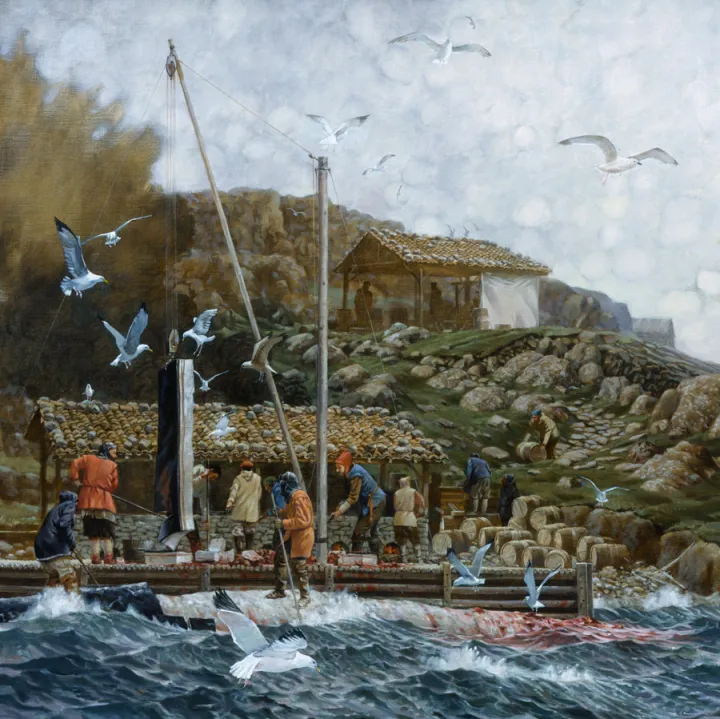 Close-up of a 17th century painting shows how whales were brought ashore for processing and their blubber rendered into marketable oil.