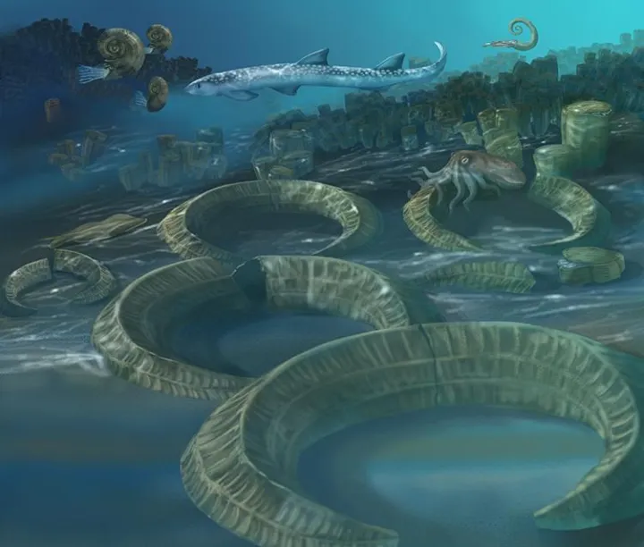 A rendering of an underwater marine scene depicting life ~145-65 million years ago, when rudist clams were the major reef builders.