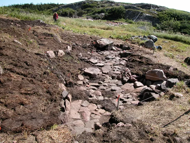 The excavation site of an Inuit home in Hare Harbor, Quebec, Canada