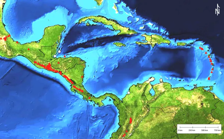 Map of volcanoes of Central America and within the Caribbean Sea. 