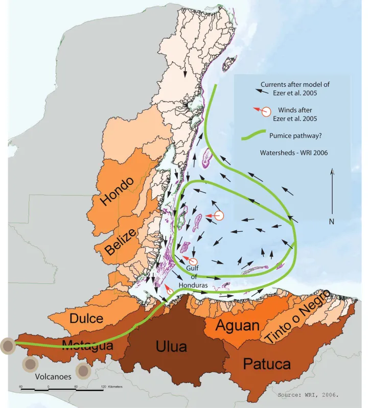 A map that shows wind and current patterns of Belize, Guatemala and Honduras. 