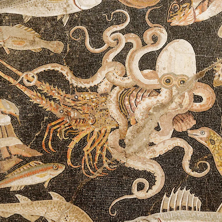 A Roman mosaic in Pompeii from the 'House of the Dancing Faun'.
