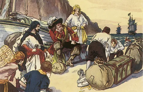 Buccaneers divide their treasure under the watchful eye of Captain Morgan.