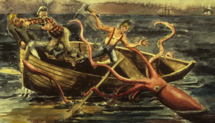 A giant squid attacks a boat in a painting. 