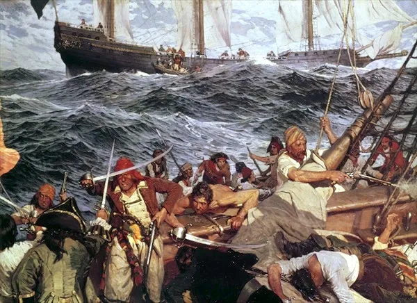 This painting of swarthy buccaneers in the midst of a fierce battle was painted by the prolific American marine painter Frederick J. Waugh, and won the Thomas B. Clarke award in 1910 for the best American figure composition.
