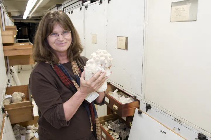 a woman holding a coral specimen