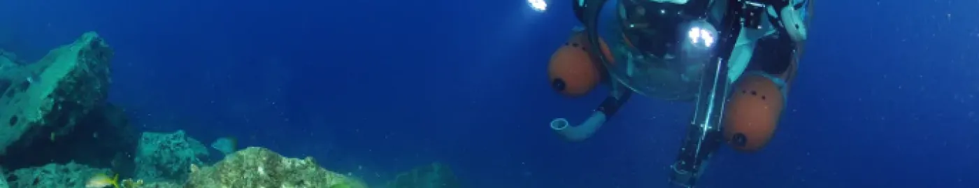 an orange sub in a blue ocean