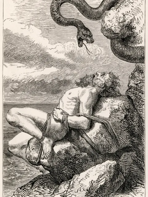 A black and white illustration of the Norse god Loki tied to a rock with a serpent.