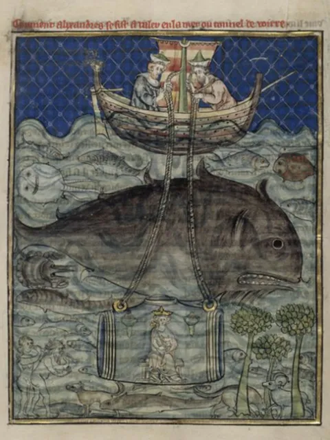 an old painting of a whimsical seascape and a man being lowered over a boat in a barrel