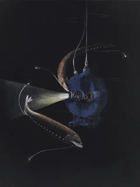 a painting of fish around a metal orb